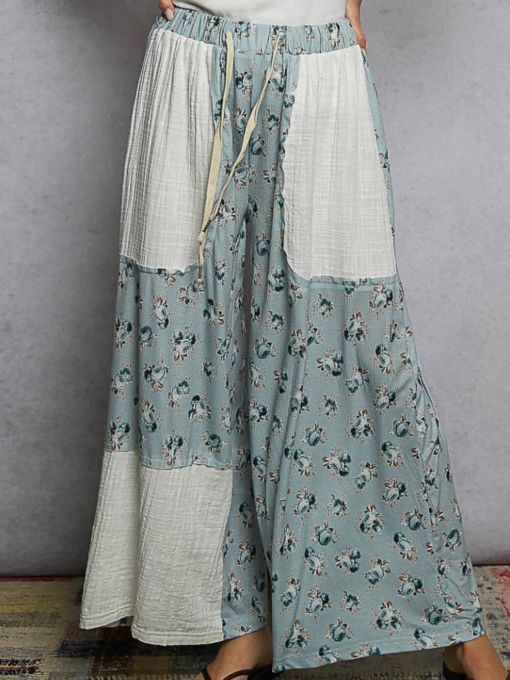 POL Floral Water Blue & Ivory Wide Leg Boho Pants